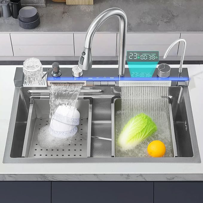 29.5 inch Smart Digital Display Waterfall Sink, 304 Stainless Steel Modern Kitchen Sink with 5 Water Outlet Modes, Waterfall Pull-Out Faucet, Cup Washers and Accessory Set