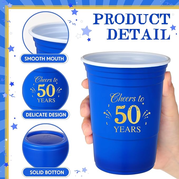 Ziliny 50 Pack 50th Birthday Cups 16 oz Cheers to 50 Years Disposable Plastic Cups Gold and Blue Birthday Party Hot Cold Drinks Tool for Party Wedding Anniversary Supplies Decorations