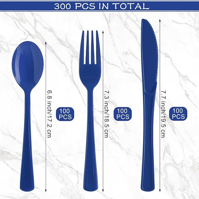 Kochorie 300 Pieces Graduation Dark Blue Plastic Silverware Heavy Duty Plastic Cutlery Set Heavyweight Disposable Flatware Includes Spoons Forks Knives for Birthday Party Prom Night Wedding Dinner