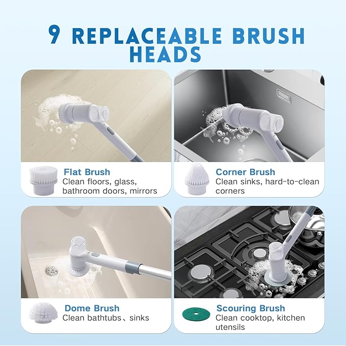 Electric Spin Scrubber,Spray with Foam Cordless Cleaning Brush, 2-Speed Shower Scrubber, Shower Cleaning Brush with 9 Replaceable Brush Heads, Adjustable Removable Handle for Bathroom（White & Grey）