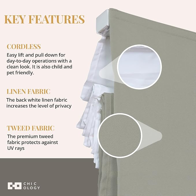 Chicology Cordless Roman Window Shade, Ridgewood Sage, 23" W x 72" H | Cordless Child-Safe, Room Darkening UV, Inside/Outside Mount, True-to-Size No Cut, Rich Textured Fabric, Spot-Clean Care Only