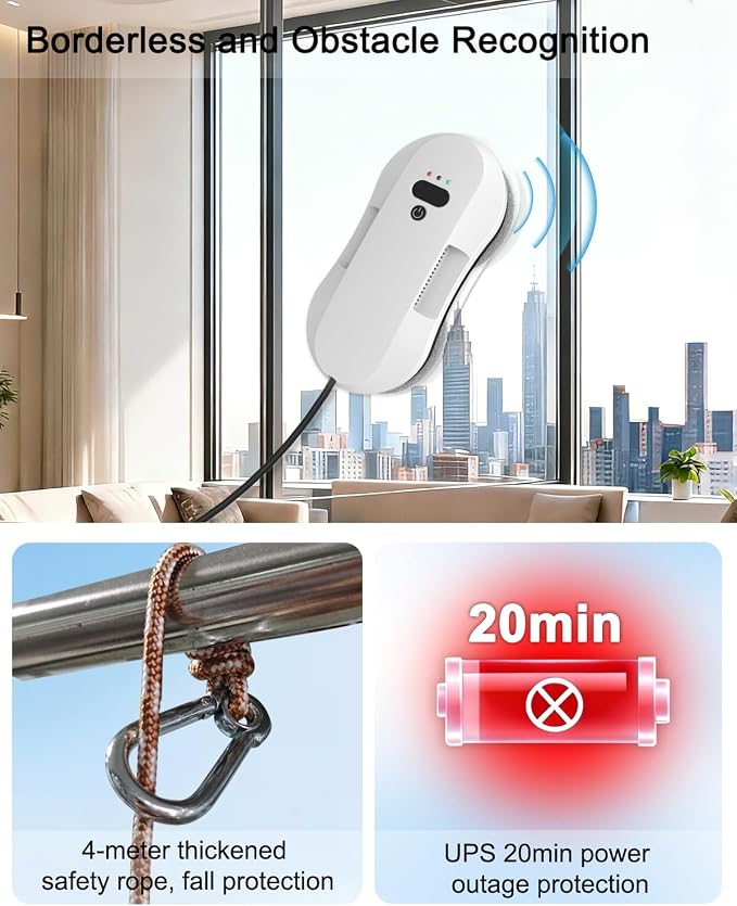Automatic Window Cleaning Robot for High Windows with 3000Pa Strong Suction, Dual-Nozzle, Power Failure Protection & Safety Rope, 3 Intelligent Paths, 10 Double-Sided Replacement Cloths