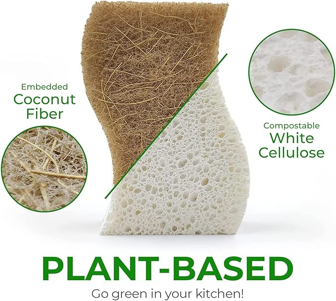 AIRNEX Natural Kitchen Sponges (24 Pack) - Biodegradable Cellulose & Coconut Scrubber Dish Sponges for Kitchen - Eco-Friendly, Non Scratch, Compostable, Non Toxic S-Shaped Natural Sponges for Dishes