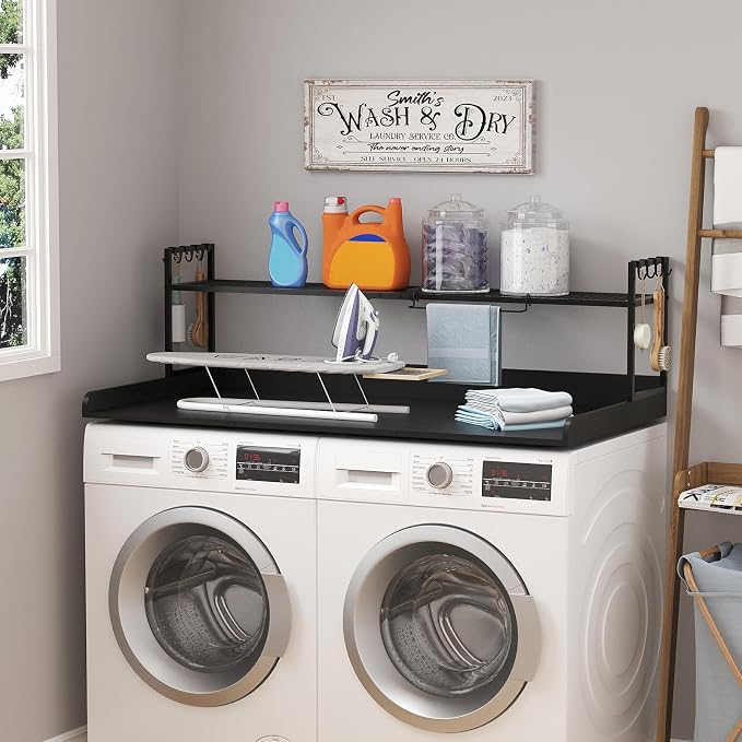 Lifewit Washer Dryer Countertop with Adjustable Shelf, Melamine Cover for The Top with Edge Rails, Towel Rack for Laundry Room Storage and Organization, Hold 200lbs, Black, 54" x 27.5"