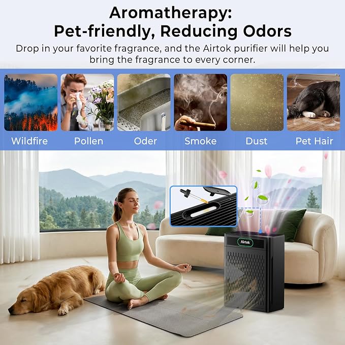 Airtok Air Purifiers for Home Large Room Up to 1848sq.ft, HEPA Air Purifier for Bedroom, Pet Hair Air Cleaner with Washable Filter, Aromatherapy, Sleep Mode Air Cleaners for Smoke, Office-AP3001 Black