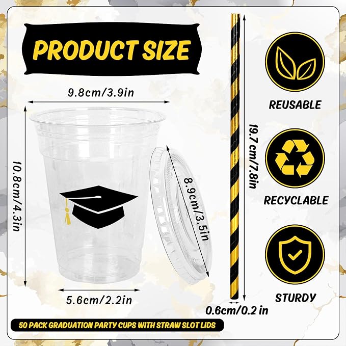 Whaline 50Pcs 12Oz Graduation Disposable Plastic Cups with Lids and Straws Black Graduation Cap Cold Beverage Drinking Cups for Congrats Grad Party Supplies