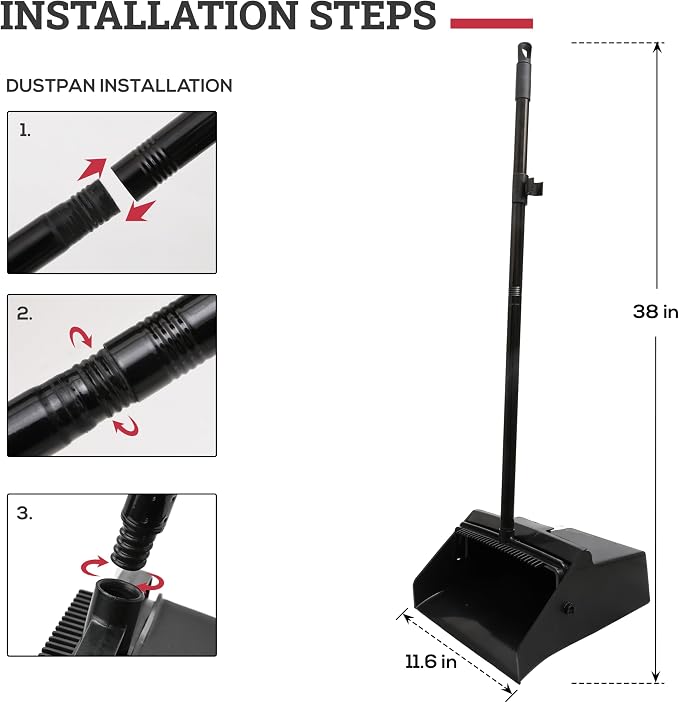 KLEEN HANDLER 48.5" Broom with Dustpan Combo Set with Long Handle for Home, Kitchen, Office, Lobby, Indoor/Outdoor Sweeping & Commercial Use, Black (1 Set)