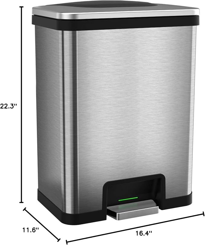 Halo TapCan 13 Gallon Effortless Trash Can with One-Tap Pedal Sensor and Odor Control System and AC Adapter-Stainless Steel with Black Trim