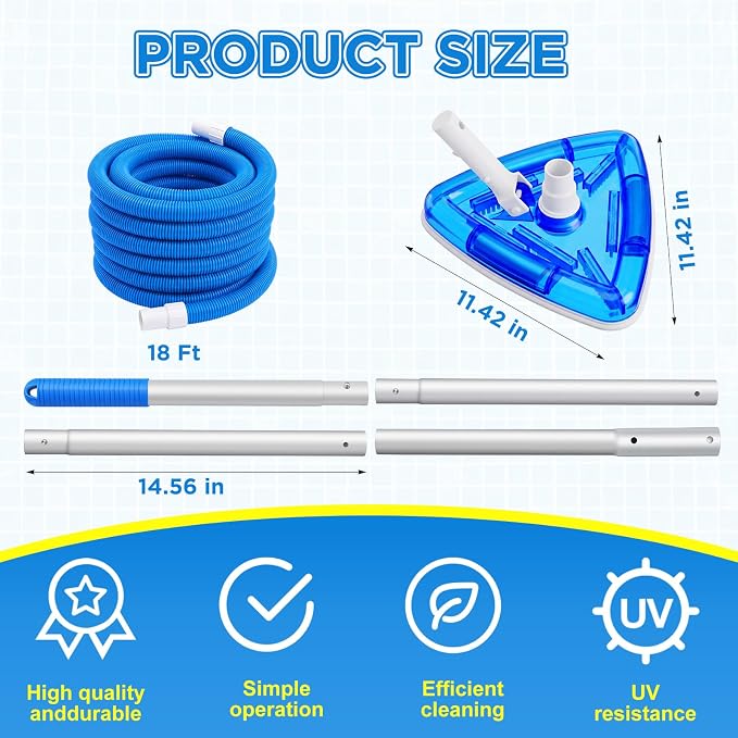 Qinyoung 3 Pcs Swimming Pond Cleaning Kit, 1-1/4 Inch x 18 ft Pool Vacuum Hose with Swivel Cuff Triangular Weighted Pool Vacuum Head Connect 1-1/4" or 1-1/2" Hose and 4 ft 4-Section Telescopic Pole