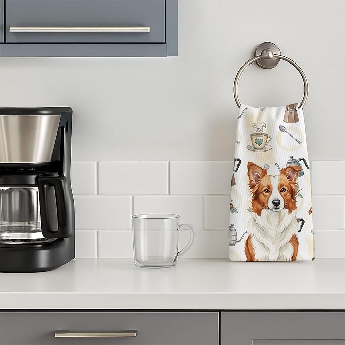 Caroline's Treasures Red and White Border Collie Coffee Bar Kitchen Towel Velour Plush Front and Cotton Loop Back Machine Washable