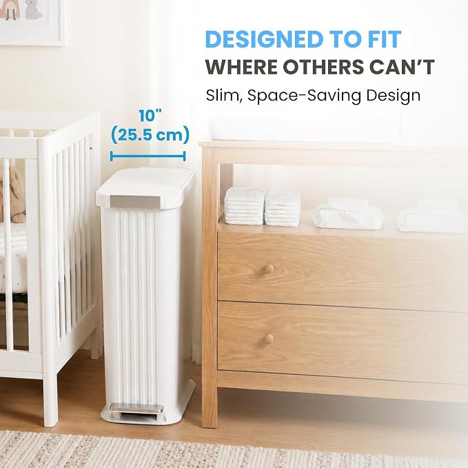 Patented 13 Gallon Step Diaper Pail, Fits Kitchen Bags, Odor Filter, 50L Baby Trash Can, 135 Diaper Capacity, No Refills Needed, for Nursery Diapers & Adult Incontinence Underwear, Matte White