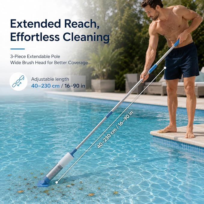 Handheld Pool Vacuum for Above Ground Pools, Cordless Pool Cleaner for Hot Tubs & Spas, 60 Min Runtime, 91in Reach with Poles, Dual Brush Heads, Cleans Sand&Debris&Algae, OVIA OCEAN10