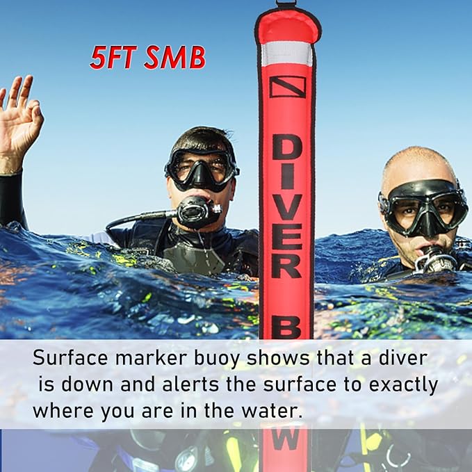 5FT SMB Surface Marker Buoy Scuba Diving Open Bottom High Visibility Inflatable Scuba Signal Tube with Reflective Strip for Underwater Diving Snorkeling