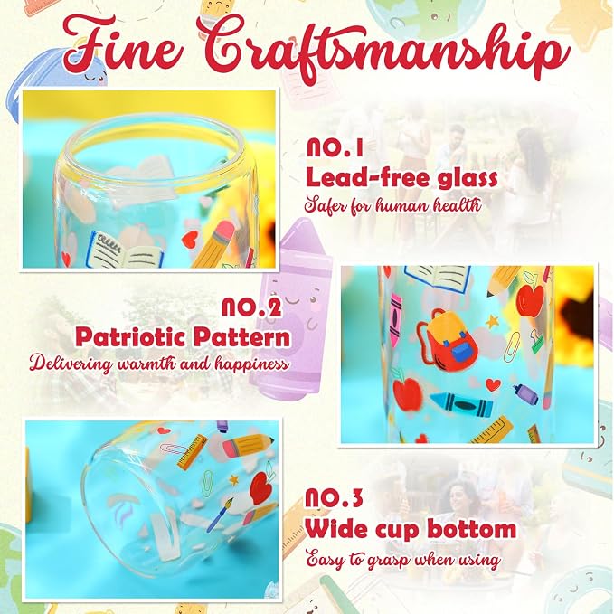 Sliner 2 Pcs Teacher Glass Cups End of Year Appreciation Gifts Graduation Drinking Glasses 16 oz Reusable Iced Coffee Tumbler with Lid Straw for Student Home Office Classroom Party Supplies