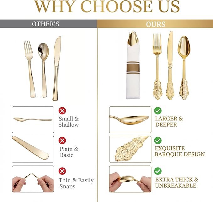 Liacere 400PCS Gold Plastic Silverware - Pre Rolled Napkins Disposable Gold Plastic Cutlery-Premium Quality Utensils-Includes 100Forks,100Knives,100Spoons,100 Napkins & Birthday Party &Events