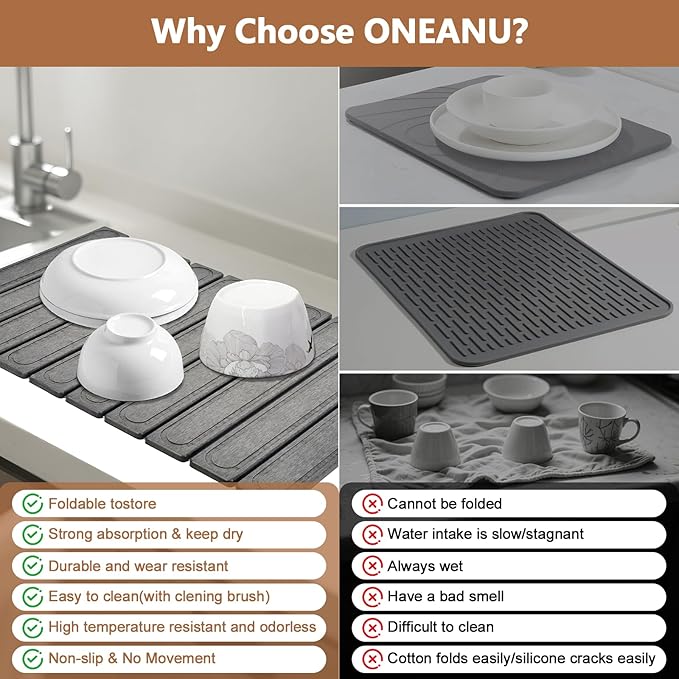 Stone Drying Mat for Kitchen Counter, Fast Dry Dish Drying Mats,Quick Dry Absorbent Collapsible Diatomaceous Earth Bath Mats, Large Stone Bath Mat for Kitchen Dishes Bottles Cups Bathroom