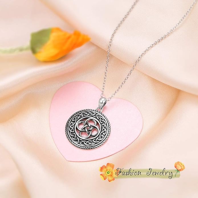 DAOCHONG 925 Sterling Silver Jewelry Oxidized Good Luck Irish Knot Celtic Medallion Round Pendant Necklace, 20 inch