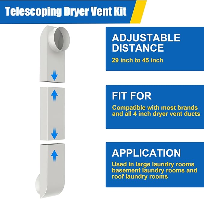 Adjustable Periscope Dryer Vent, 29-45" Telescoping Stainless Steel Dryer Vent Connector Kit for Tight Spaces, Flat Slim Universal Duct Dryer Vent Pipe Hose 4 Inch Dryer Exhaust Vent (White)