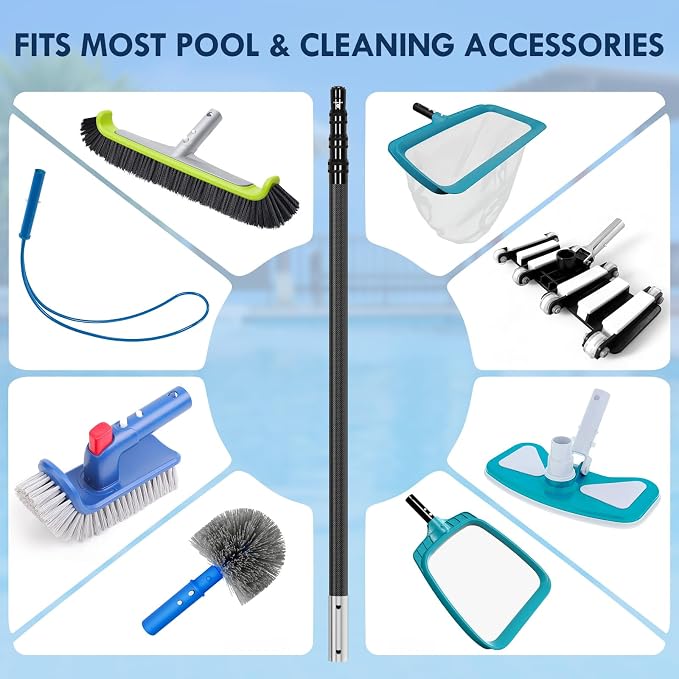 New Carbon Fiber Pool Pole Telescopic, 4.6-15 FT Lightweight Adjustable Extension Poole Pole, Professional Telescoping Swimming Pool Cleaning Poles, for Brushes, Vacuum, Nets, Skimmers