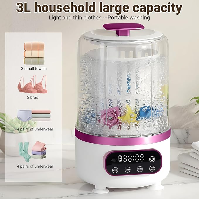 3L Portable Washing Machine,3 In 1 Portable Washer-Dryer Combo, Home Mini Underwear-Specific Washing Machine，3 Modes 3000mAh Laundry Machine for apartments, dormitories, travel, and hotels (Purple)