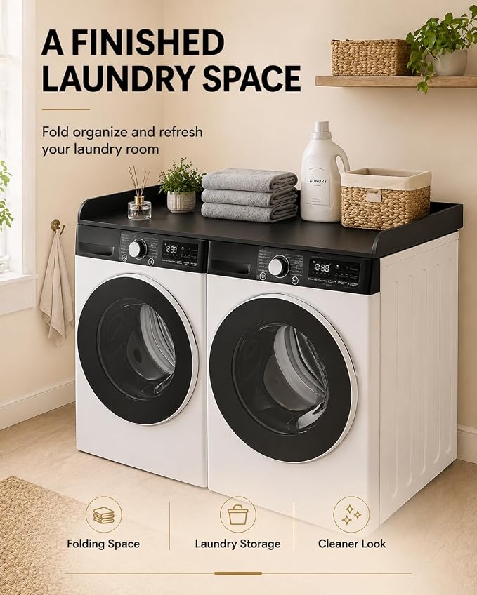 FlyGeneral Washer and Dryer Countertop, 54" Width x 27.5" Deep, Black | Laundry Folding Surface for Clothes, Quick Install Design, Raised Edge Prevents Items Falling, Fits Front Load Washer Dryer