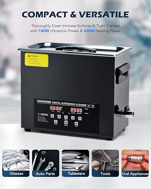CREWORKS 6L Digital Ultrasonic Cleaning Machine with Degas and Gentle Mode, 180W Ultrasonic Cleaner Machine with Heater and Timer, 1.6 gal Ultrasound Cleaner for Retainer Jewelry Lab Tool Auto Part