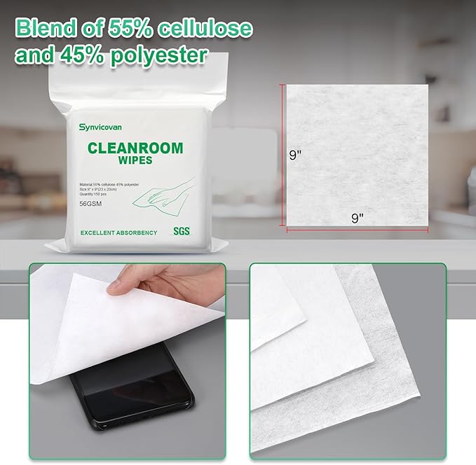 Cleanroom Wipes 9"x9" (150 Pcs, Cellulose/Polyester Blend, Grade B, 56GSM) Lint Free Wipes for Laboratory, Electronics, Pharmaceutical,Printing,Automotives and Semiconductor Industries