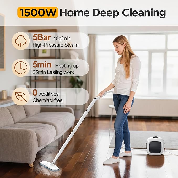 All-in-1 Steam Cleaner with 25 PSI High-Pressure Boiler, 21-Piece Accessory Kit, Portable Handheld & Floor Steamer for Tiles, Grout, Furniture and Car, Chemical-Free Deep Cleaning,3 Colors Selection