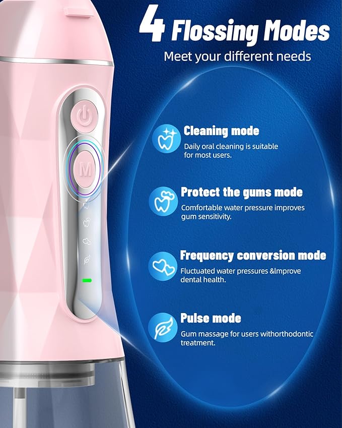 Electric Water Dental Flosser - Cordless Portable Teeth Cleaner, Rechargeable 320ML Larger Water Tank Oral Irrigator, 4 Modes with 5 Jet Tips and Travel Bag, IPX7 Waterproof (Pink)