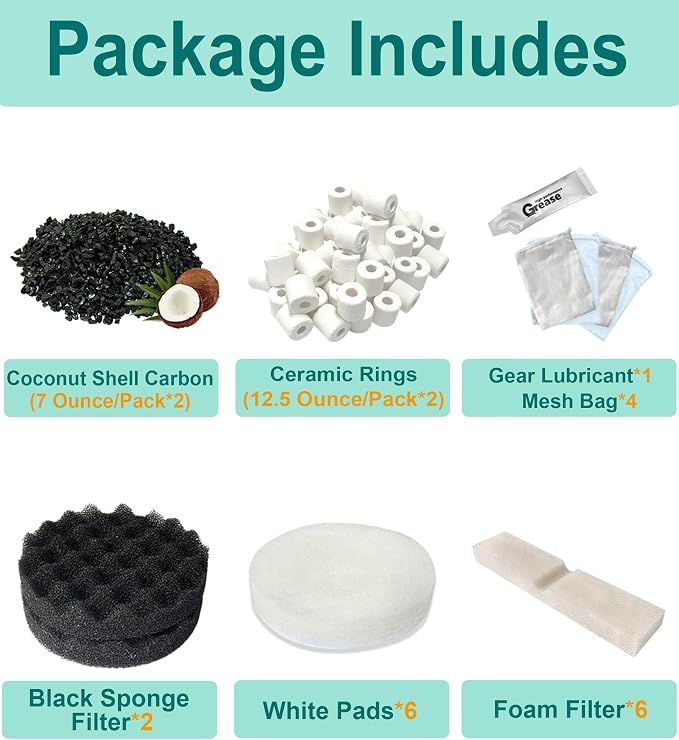 23 PCS Aquarium Media Kits Replacement for Fluval FX2 / FX4 / FX5 / FX6 Canister Filters, Including Bio-Foam Block, Carbon Sponge Filter, Ceramic Ring, Activated Carbon, Silicone Lubricant, Mesh Bag