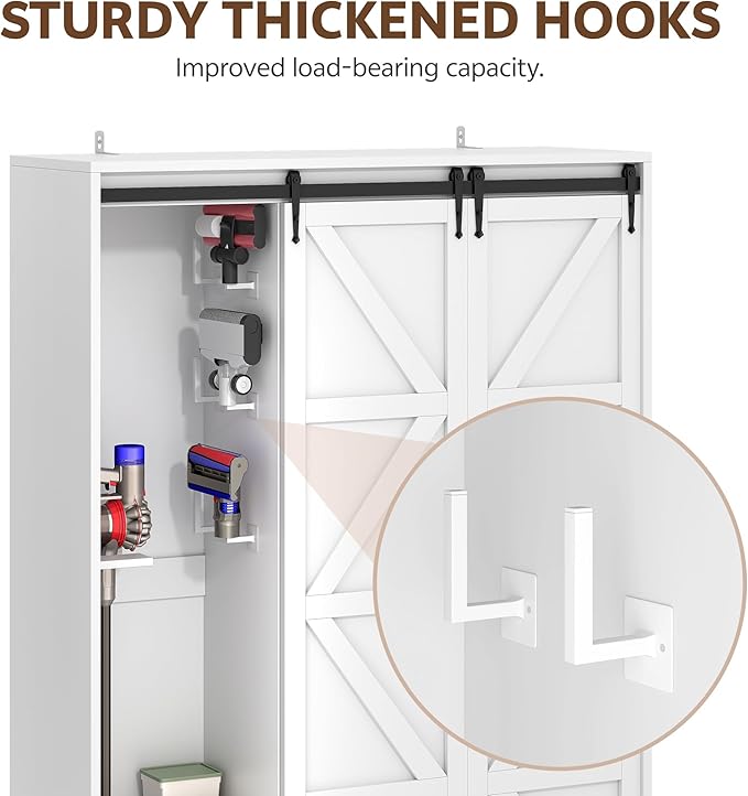 Broom Closet Storage Cabinet, 67" H Wooden Vacuum Storage Cabinet, Utility Closet with Sliding Door, Cleaning Tool Organizer with Shelf and 6 Pack Broom Holder, 67.1" H×47.2" W×15.7" D, White