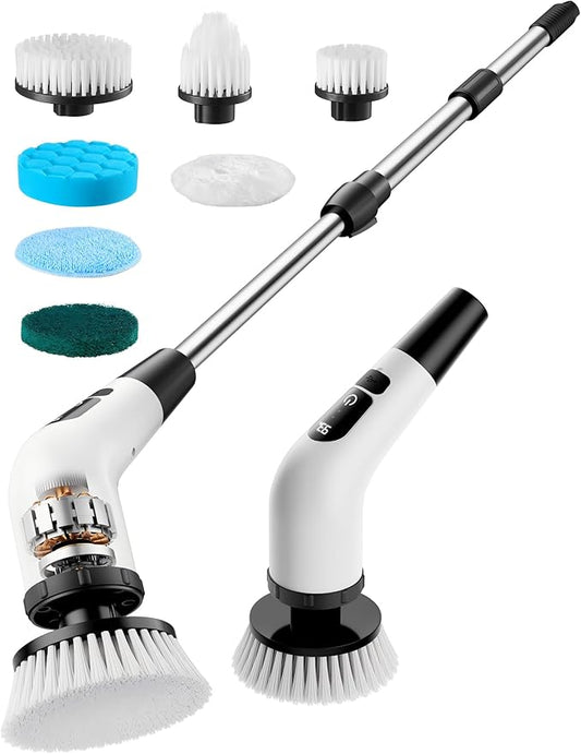 Powerful Electric Spin Scrubber, for Mom, Cordless Cleaning Brush, 90-Min Extended Runtime, Telescopic Long Handle, 8 Replaceable Heads, 2 Speeds for Bathroom, Floor & Glass