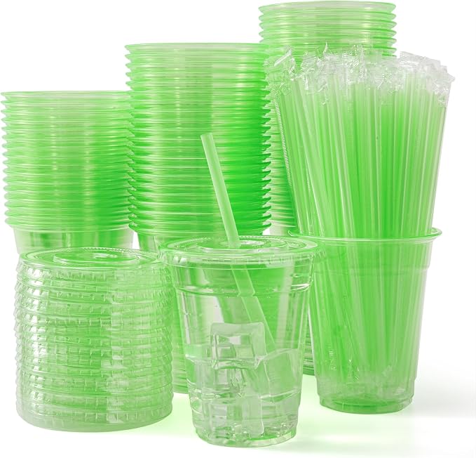 100 Set Green Plastic Cups with Lids and Straws 12 oz Disposable Drinking Clear Cups for Wedding Green Birthday Party Supplies