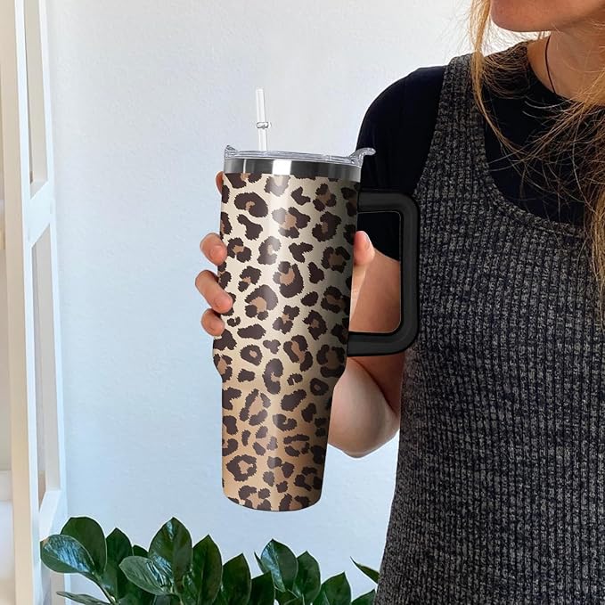 Ceovfoi 40 Oz Tumbler With Handle, Leopard Print Cheetah Coffee Travel Mug Cup, Water Bottle, Decor, Gifts for Women