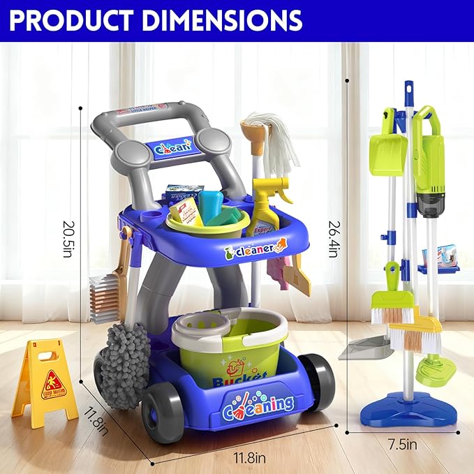 Kids Cleaning Toy Set, Educational Pretend Play Cart with 29 Pcs, Detachable Housekeeping Tools for Toddlers