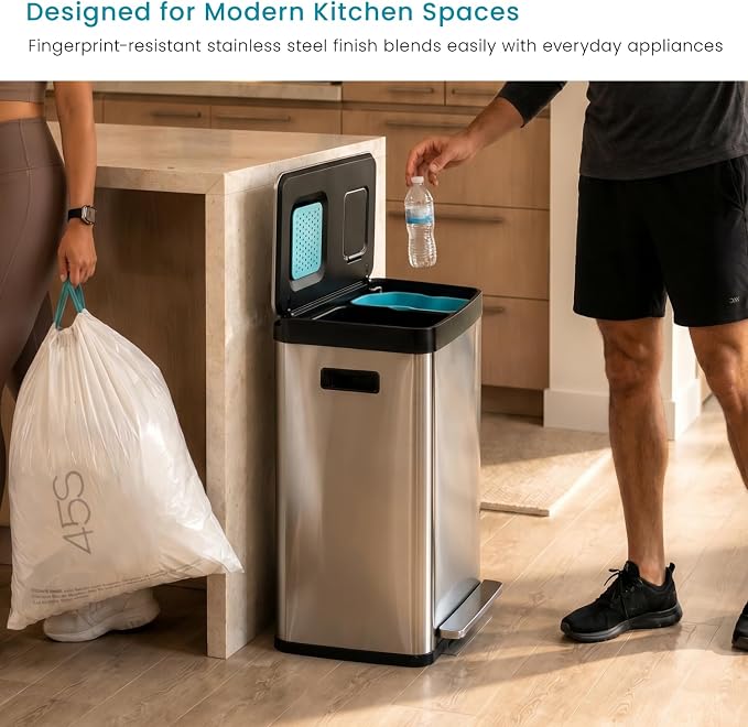 Home Zone Living 19 Gallon Kitchen Trash Can with Dual Compartments | Stainless Steel with CleanAura Odor Control, Soft-Close Step Pedal Lid and Recycling Flap for Quick Disposal, Silver