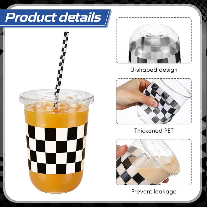 LemonRoad 50sets 16oz Checkered Cups Race Car Birthday Party Decorations Supplies Plastic Cups Disposable with Lids and Straws for Racing Themed Party Christmas Birthday Wedding Baby Shower Decoration