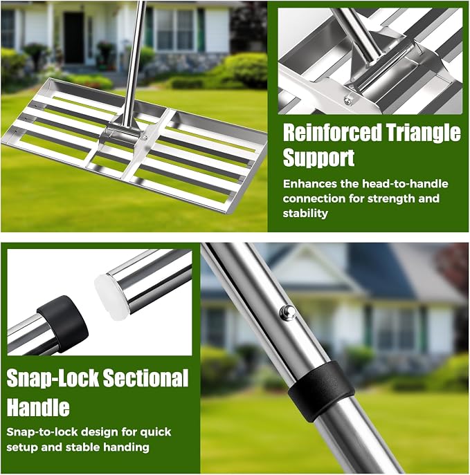 30" x 10" Lawn Leveling Rake, Heavy Duty 304 Stainless Steel Lawn Leveler | 78" adjustable handle, Curved edge for smooth leveling, reinforced triangle support, professional-grade build
