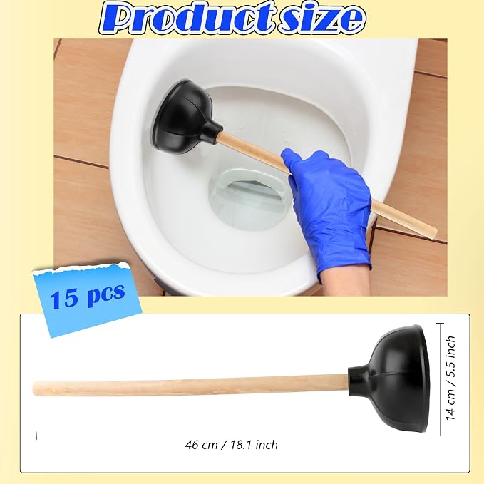 15 Pcs Toilet Plunger Bulk Double Thrust Rubber Force Suction Cup Long Wooden Handle Heavy Duty for Bathroom Commercial Stores Restaurants Toilet Bowl Pump Clogged
