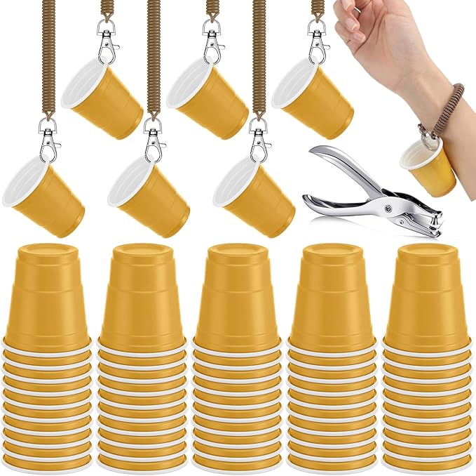 LemonRoad 50 Pack Gold Shot Cup with Wristband for Party 2 oz Plastic Shot Glasses Bulk Disposable Mini Cup for Graduation 21th 50th Birthday Wedding Party Bachelorette Supplies