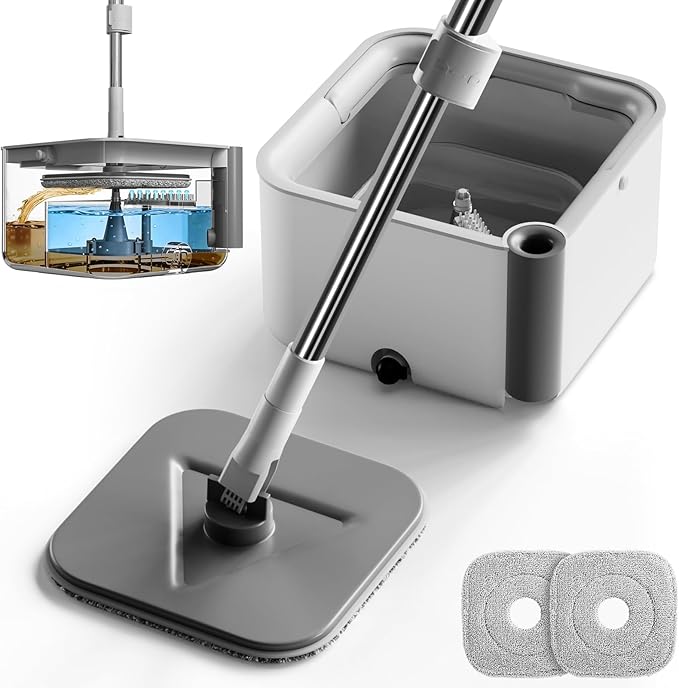 Masthome Spin Mop and Bucket with Wringer Set, Clean Dirty Water Separation, 360° Rotating Floor Mop with Adjustable Stainless Steel Handle, Reusable Pads for Hardwood Tile Laminate Home Cleaning