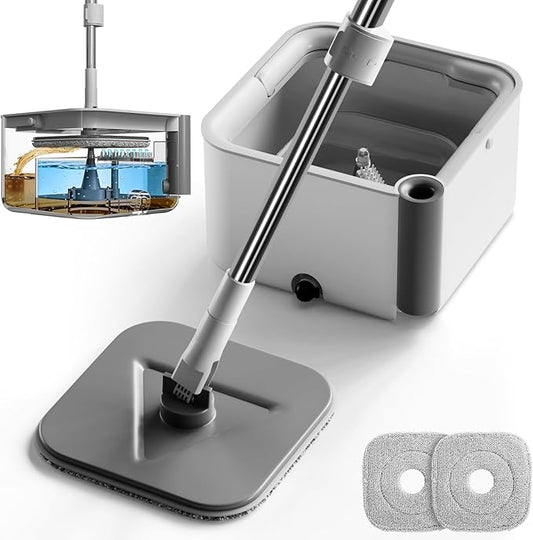 Masthome Spin Mop and Bucket with Wringer Set, Clean Dirty Water Separation, 360° Rotating Floor Mop with Adjustable Stainless Steel Handle, Reusable Pads for Hardwood Tile Laminate Home Cleaning