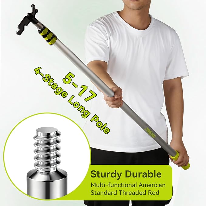 4.7-17 Foot Telescopic Extension Pole with Utility Hook, Telescoping Pole with Hook for String Lights,Christmas Lights,Birdfeeders, Sturdy (17Ft Pole with Hooks)
