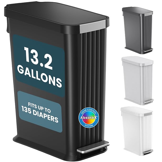 Patented 13 Gallon STEP Diaper Pail – Fits Kitchen Bags, Odor Filter Baby Trash Can, 135 Diaper Capacity, No Refills Needed, for Nursery Diapers and Adult Incontinence Underwear - Matte Black
