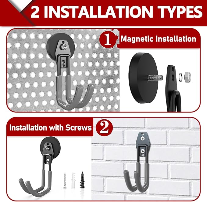 3-H Extra Strong Magnetic Hooks,Heavy Duty Large Anti-Slip Magnet Hooks J Shape,No-Drill Tool Holder for Garage,Power Drill,Garden Tools,Hose Storage,2 Pack Gray
