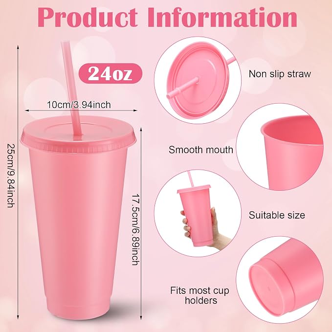 Honeydak 60 Pack Tumbler with Straw and Lid Bulk Cups for Gifts Water Bottle Iced Coffee Travel Mug Cup Reusable Plastic Tumblers for Party Birthdays 24-27 oz (Pink Color)