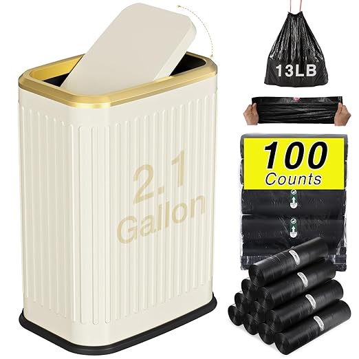 Bathroom Trash Can with Lid 8L/2.1 Gallon Beige Trash Can Small Garbage Can with Swing Top Lid Slim Stainless Steel Garbage Can with 100 Counts Trash Bags for Bathroom Bedroom Kitchen Office Toilet