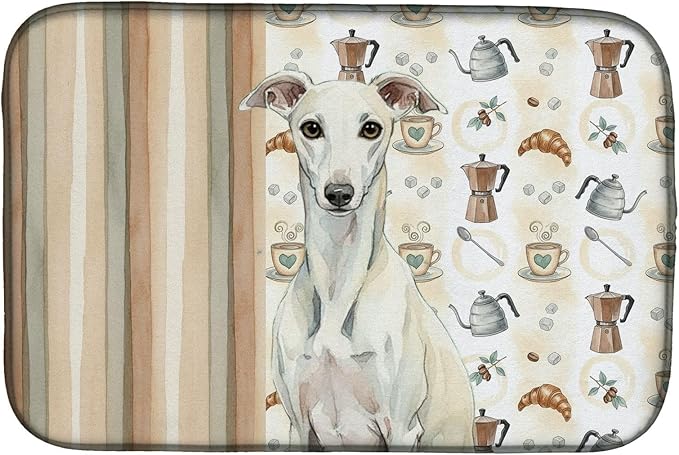 Caroline's Treasures White Whippet Coffee Bar Dish Drying Mat Absorbent Dish Drying Mat Pad for Kitchen Counter Dish Drainer Mat for Countertop, 14 x 21", Multicolor