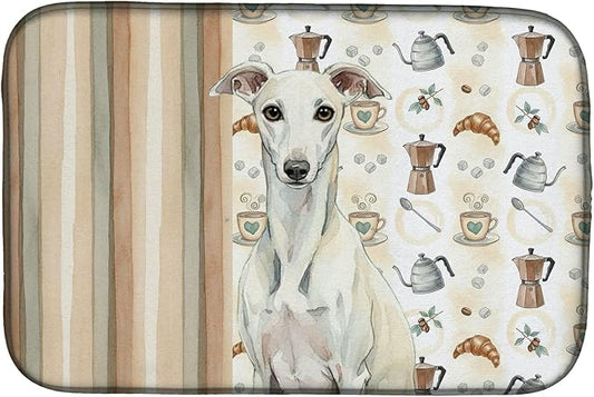 Caroline's Treasures White Whippet Coffee Bar Dish Drying Mat Absorbent Dish Drying Mat Pad for Kitchen Counter Dish Drainer Mat for Countertop, 14 x 21", Multicolor