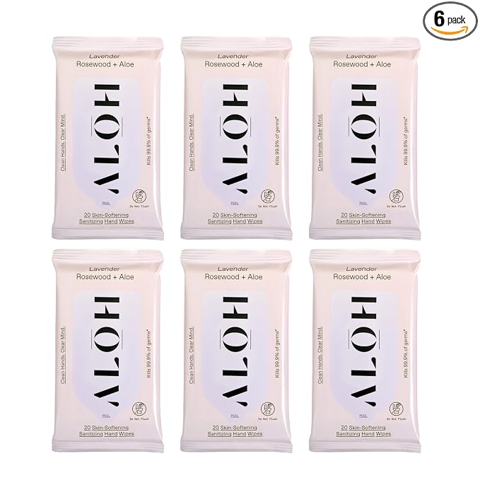 ALŌH Lavender Rosewood + Aloe Sanitizing Hand Wipes - Clean Hands, Clear Mind - On The Go Hand Sanitizer Wipes for Kids and Adults - Travel Size 6 Pack, 20ct (120 wipe)
